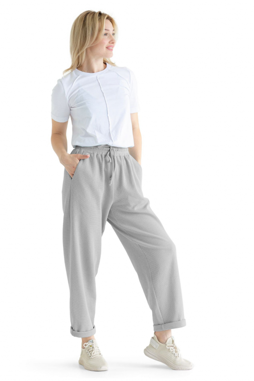 Штани банани вільного сілуету та шнурком на поясі з трикотажної вафлі сірого кольору