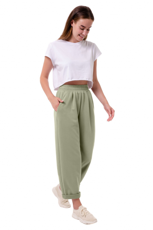 Широкі штани банани з однією складкою спереду у оливковому кольорі