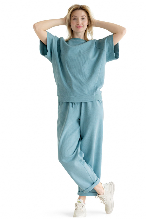 Костюм - Світшот з коротким рукавом реглан та Банани з шнурком у поясі тіфані кольору