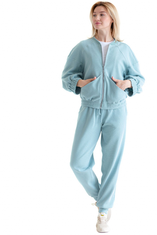 Костюм - Кофта вільного силуету та об'ємним рукавом та Штани вільного сілуету з манжетами та шнурком у поясі тіфані кольору