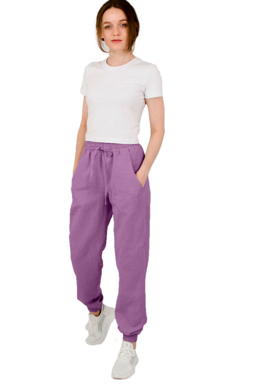 Штани вільного сілуету з манжетами на резинці та шнурком у поясі у кольорі мальва