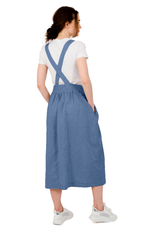 Сукня-комбінезон з бічними кишенями та еластичним поясом на спині у кольорі індіго