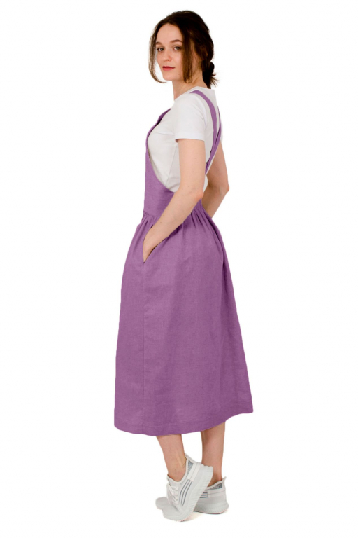 Сукня-комбінезон з бічними кишенями та еластичним поясом на спині у кольорі мальва