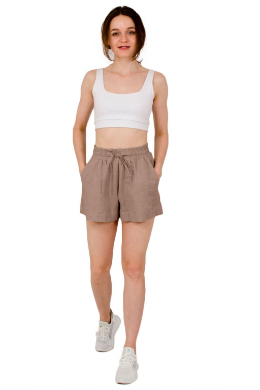 Шорти короткі вільного сілуету з широким підворотом та шнурком у поясі у кольорі кемел
