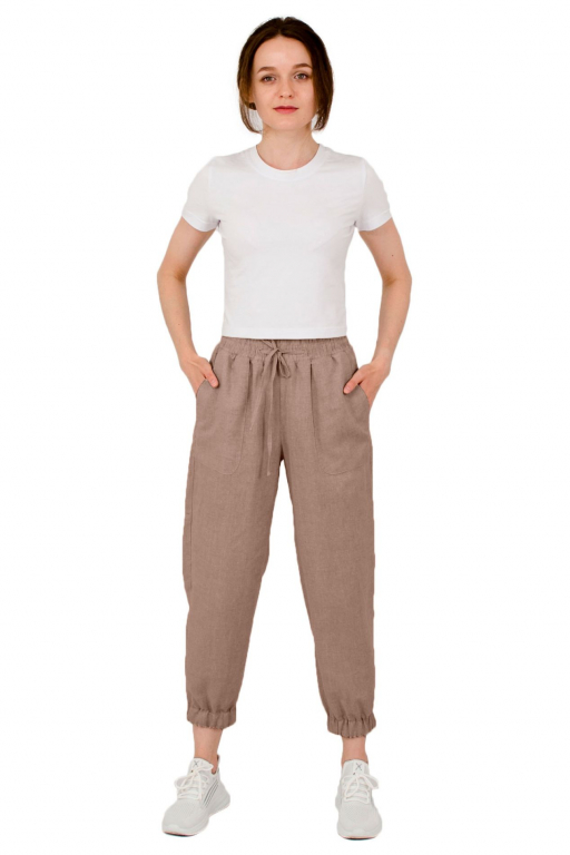 Штани вкорочені з декоративним підворотом на широкій резинці у кольорі кемел