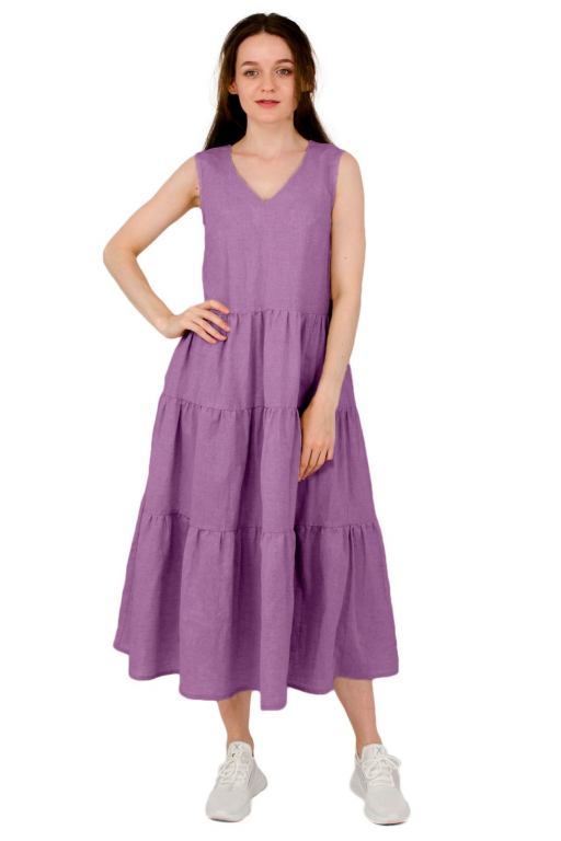 Сукня довга з трьома ярусами воланів та боковими кишенями з поясом у кольорі мальва