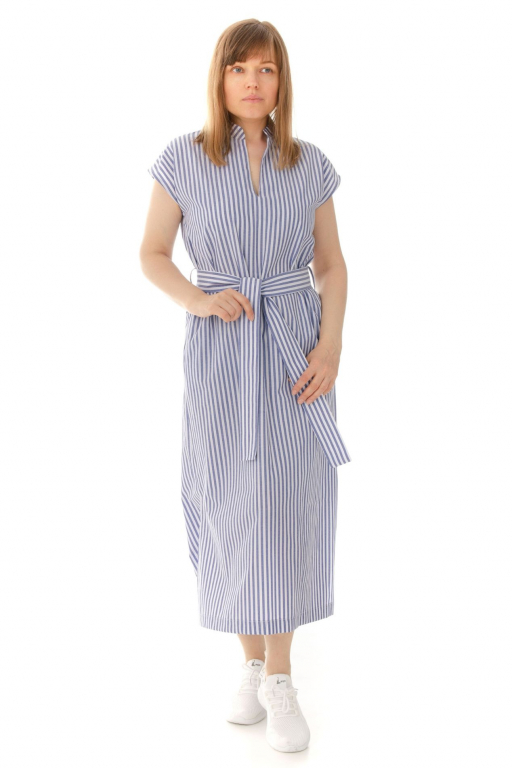Сукня довга у стилі "сафарі" з розрізами та боковими кишенями в смужку синього кольору