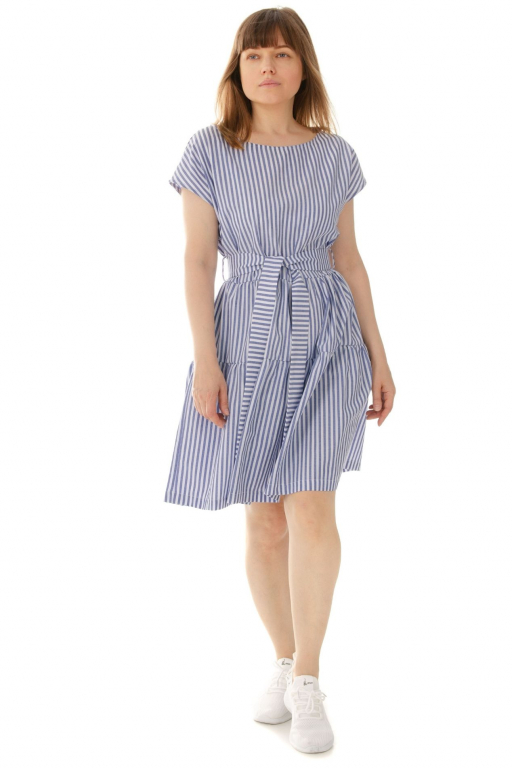 Сукня з двома ярусами воланів та боковими кишенями в смужку синього кольору