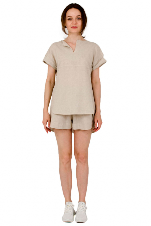 Туніка з коротким рукавом та подовженою спиною зі складками бежевого кольору