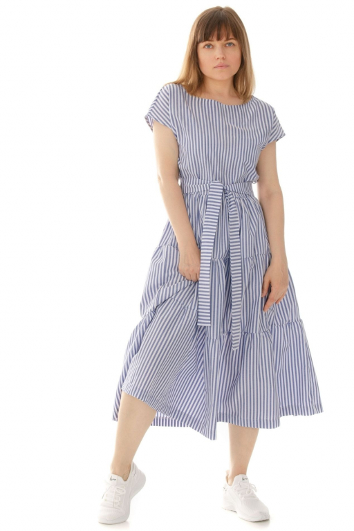 Сукня довга з трьома ярусами воланів та боковими кишенями з поясом в смужку синього кольору