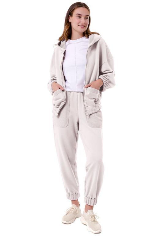 Кофта на блискавці з капюшоном вільного силуету з накладними кишенями та відкритими швами у перлинному кольорі