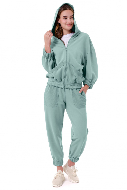 Кофта на блискавці з капюшоном вільного силуету з накладними кишенями та відкритими швами у кольорі тіфані