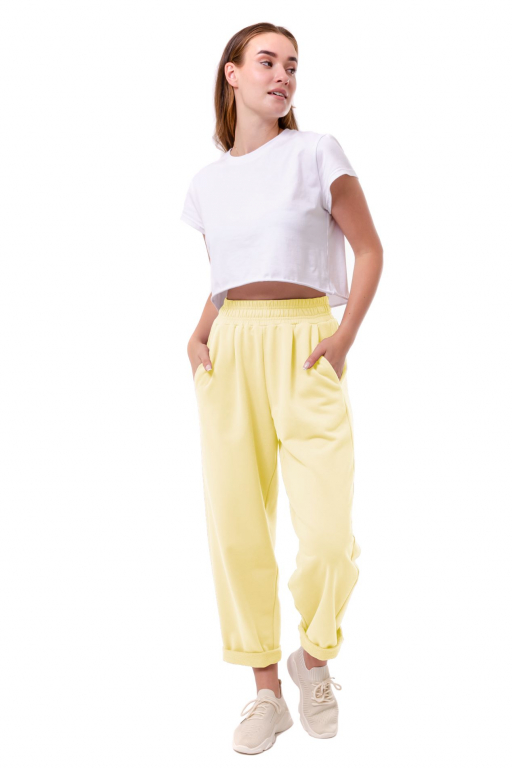 Широкі штани банани з однією складкою спередуу у лимонному кольорі