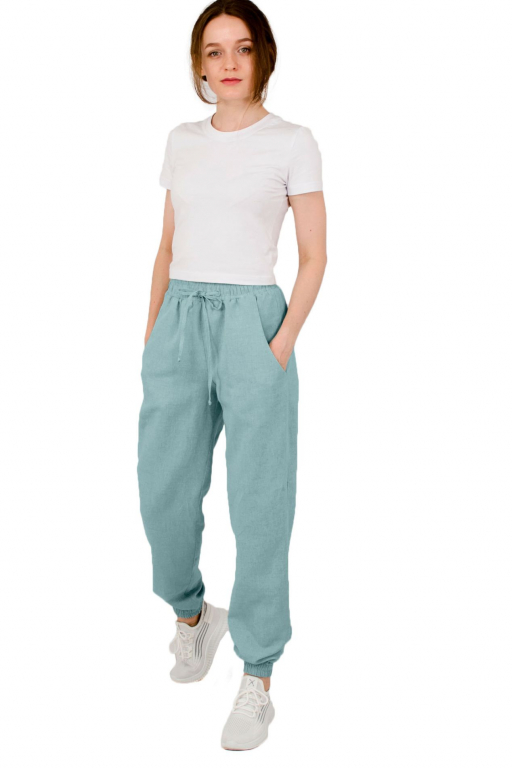 Штани вільного сілуету з манжетами на резинці та шнурком у поясі у кольорі тіфані