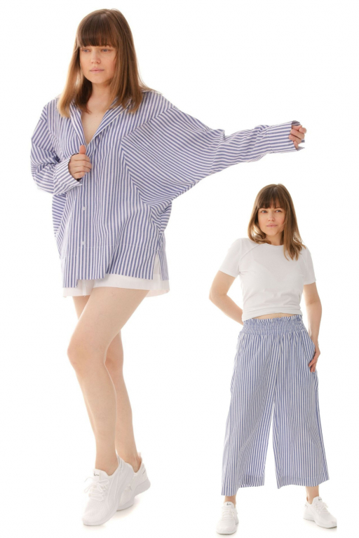 Костюм - Сорочка з об'ємними рукавом клином  та кюлоти в смужку синього кольору