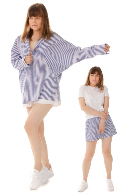Костюм - Сорочка з об'ємними рукавом клином  та шорти базові в смужку синього кольору