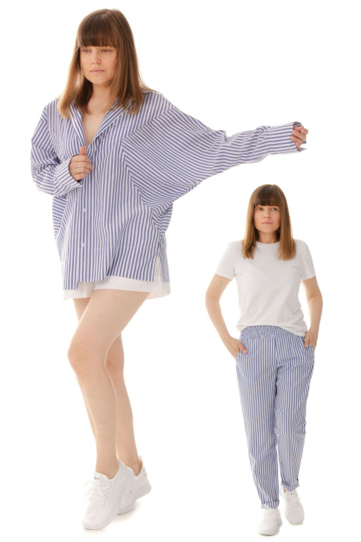 Костюм - Сорочка з об'ємними рукавом клином та штани джогери в смужку синього кольору