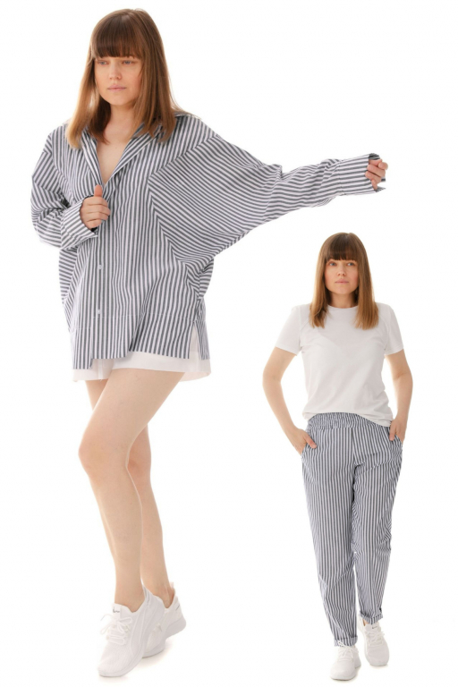 Костюм - Сорочка з об'ємними рукавом клином та штани джогери в смужку чорного кольору