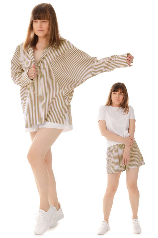 Костюм - Сорочка з об'ємними рукавом клином  та шорти базові в смужку бежевого кольору
