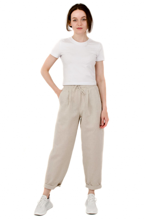 Штани банани вільного крою з шнурком у поясі бежевого кольору