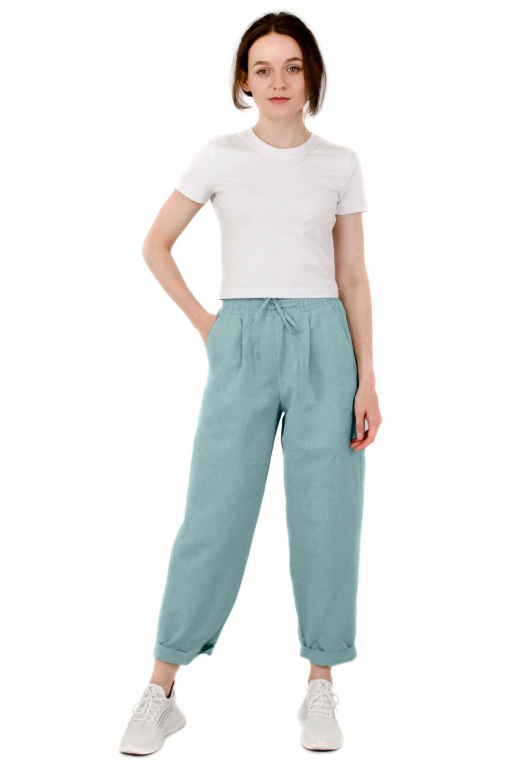 Штани банани вільного крою з шнурком у поясі у кольорі тіфані