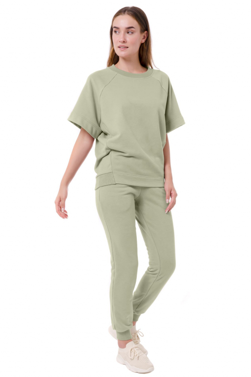 Світшот з коротким рукавом та трикотажним манжетом по низу у оливковому кольорі