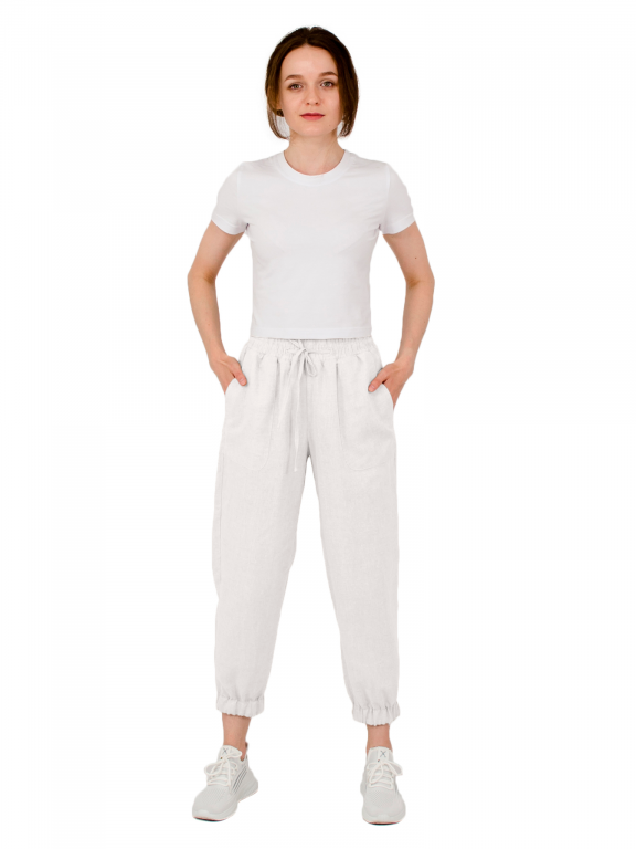 Штани вкорочені з декоративним підворотом на широкій резинці білого кольору