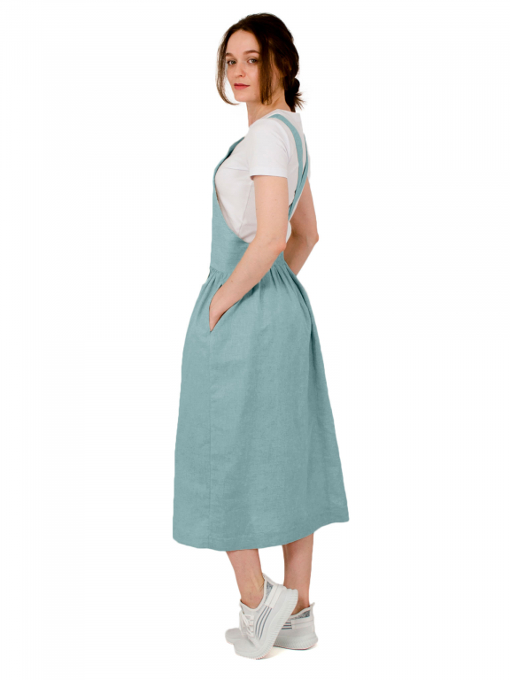 Сукня-комбінезон з бічними кишенями та еластичним поясом на спині у кольорі тіфані