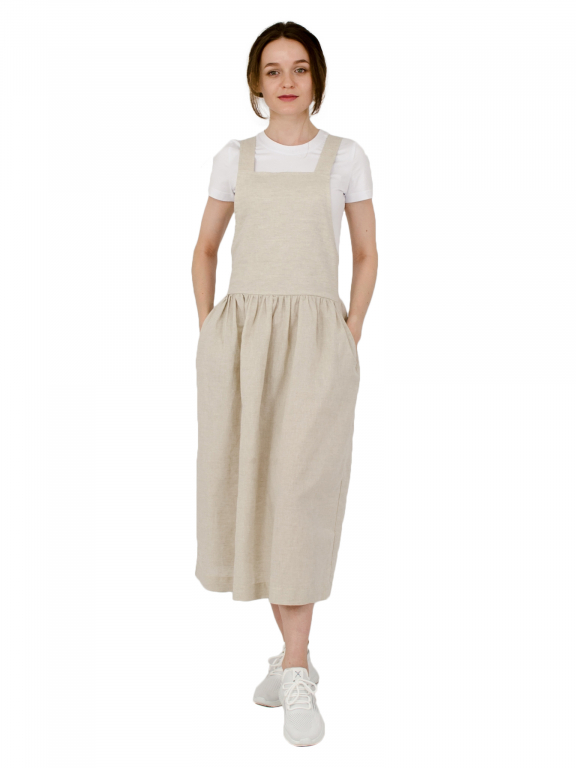 Сукня-комбінезон з бічними кишенями та еластичним поясом на спині бежевого кольору