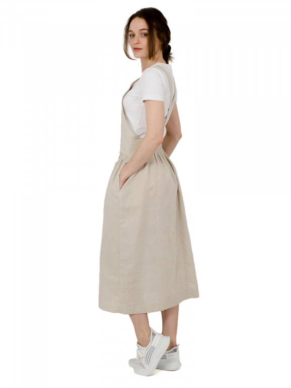 Сукня-комбінезон з бічними кишенями та еластичним поясом на спині бежевого кольору