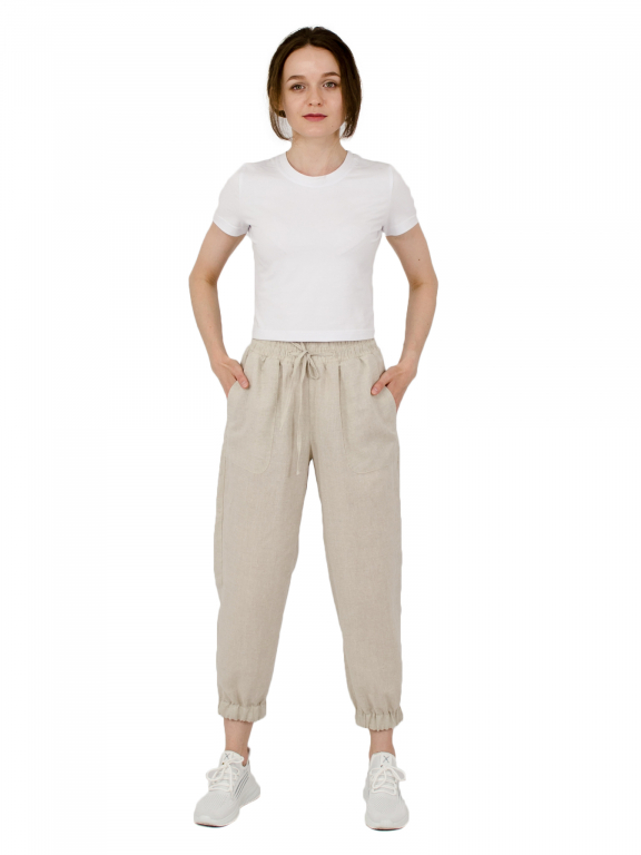 Штани вкорочені з декоративним підворотом на широкій резинці бежевого кольору