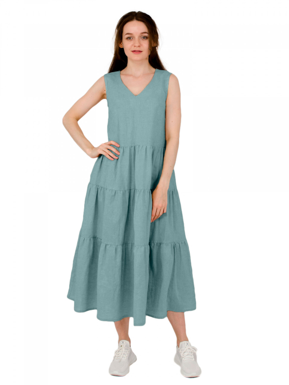 Сукня довга з трьома ярусами воланів та боковими кишенями з поясом у кольорі тіфані